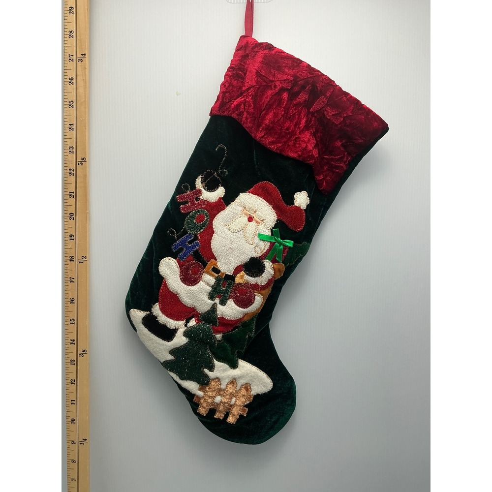 Large Velvet Christmas‎ Stocking 3D Santa Claus Applique Green Red 20 Inch
